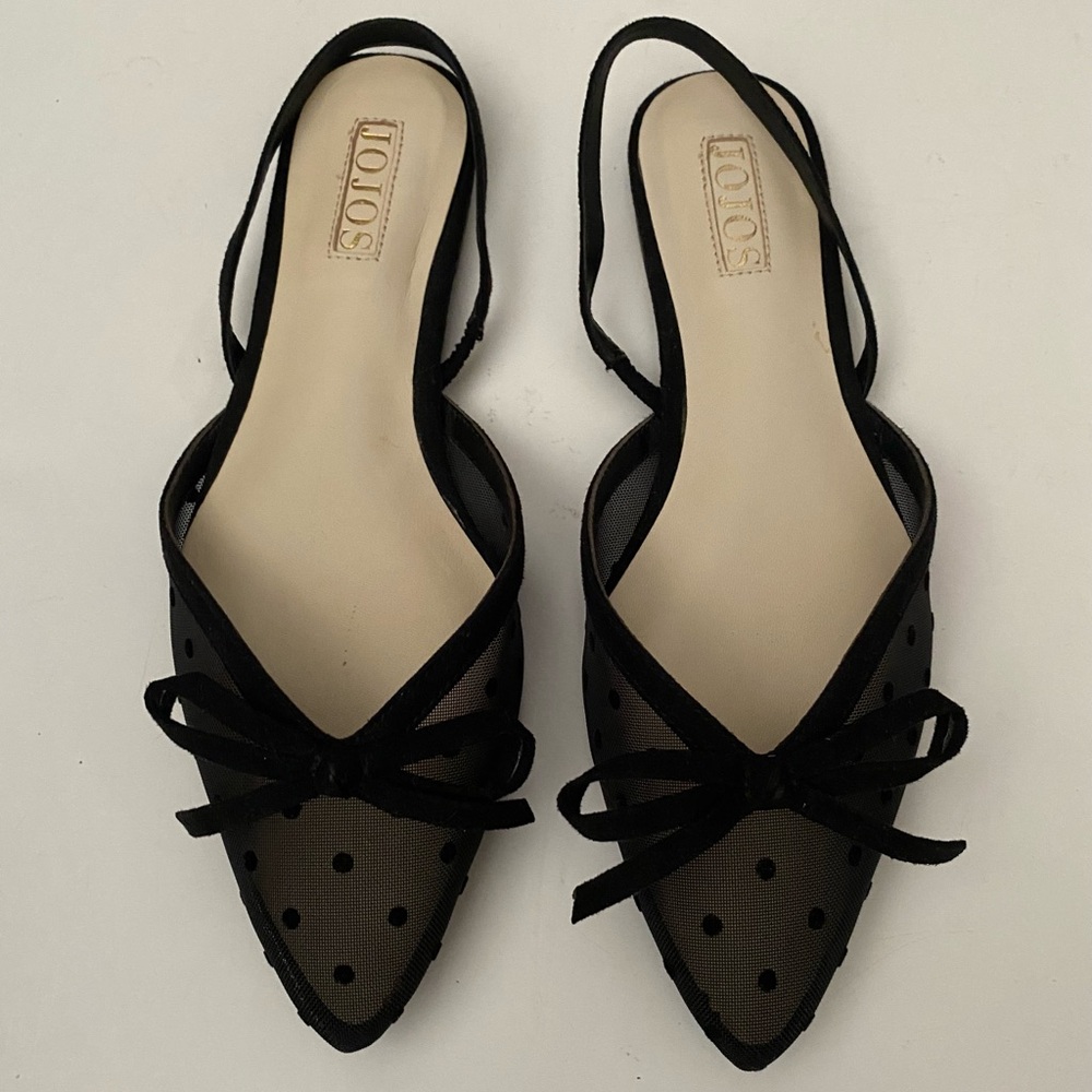 Jojos Flat Black Polka Dot Mesh and Suede Slingback Pointed Toe Sandals women  6